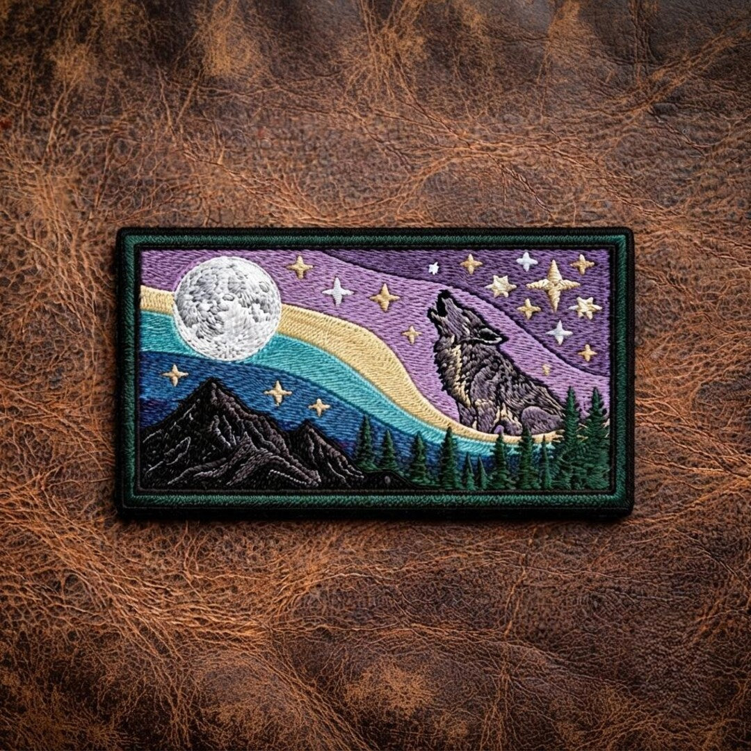 Wolf Howling Full Moon Mountain Forest Night Sky Stars Iron On Embroidered Patch — Iron-on patch