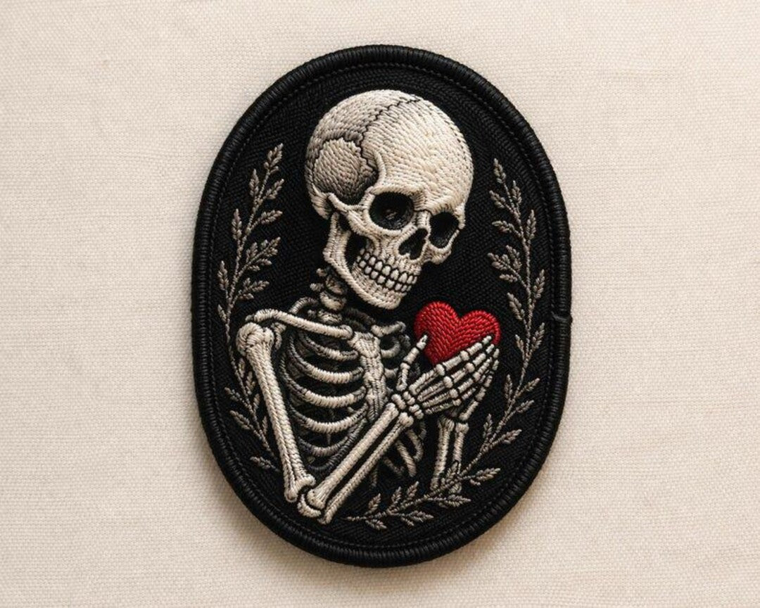Skeleton Holding Heart Botanical Wreath Gothic Dark Romance Iron On Embroidered Patch — Iron-on patch