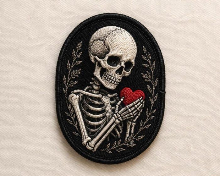Skeleton Holding Heart Botanical Wreath Gothic Dark Romance Iron On Embroidered Patch