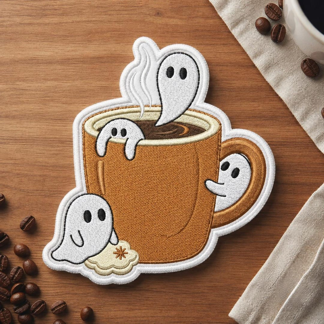 Halloween Ghost Coffee Cup Spooky Latte Iron On Embroidered Patch — Iron-on patch