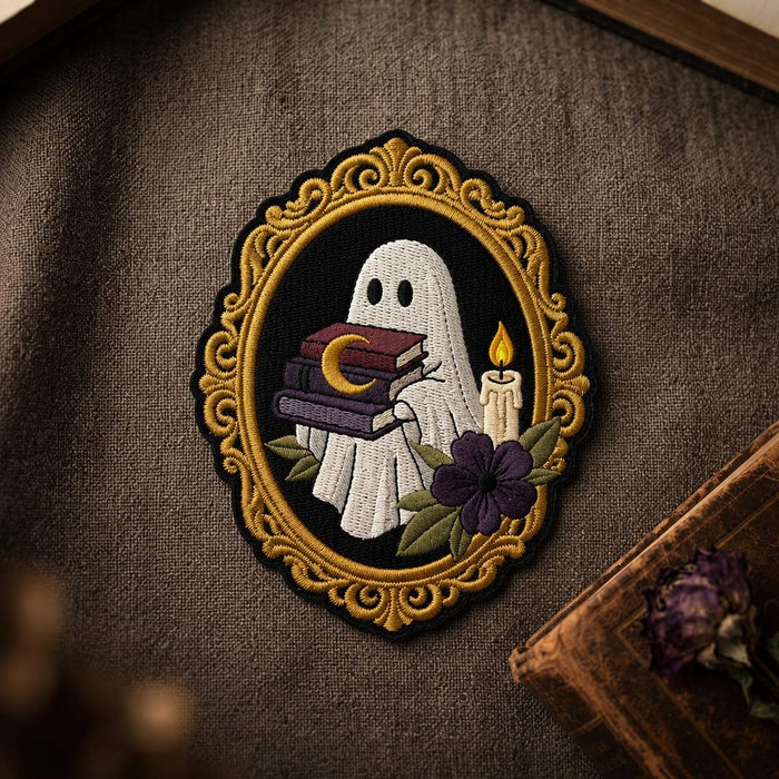 Ghost Reading Books Candle Gothic Cameo Frame Halloween Iron On Embroidered Patch