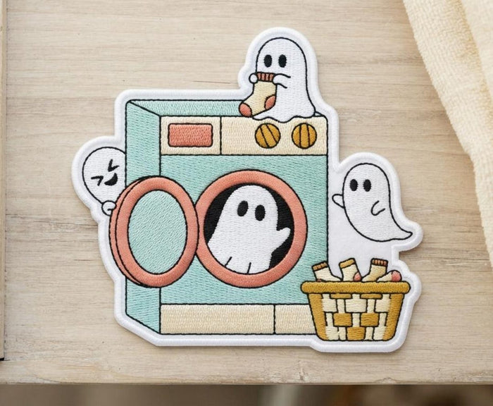 Halloween Ghost Laundry Machine Washing Socks Spooky Cute Iron On Embroidered Patch