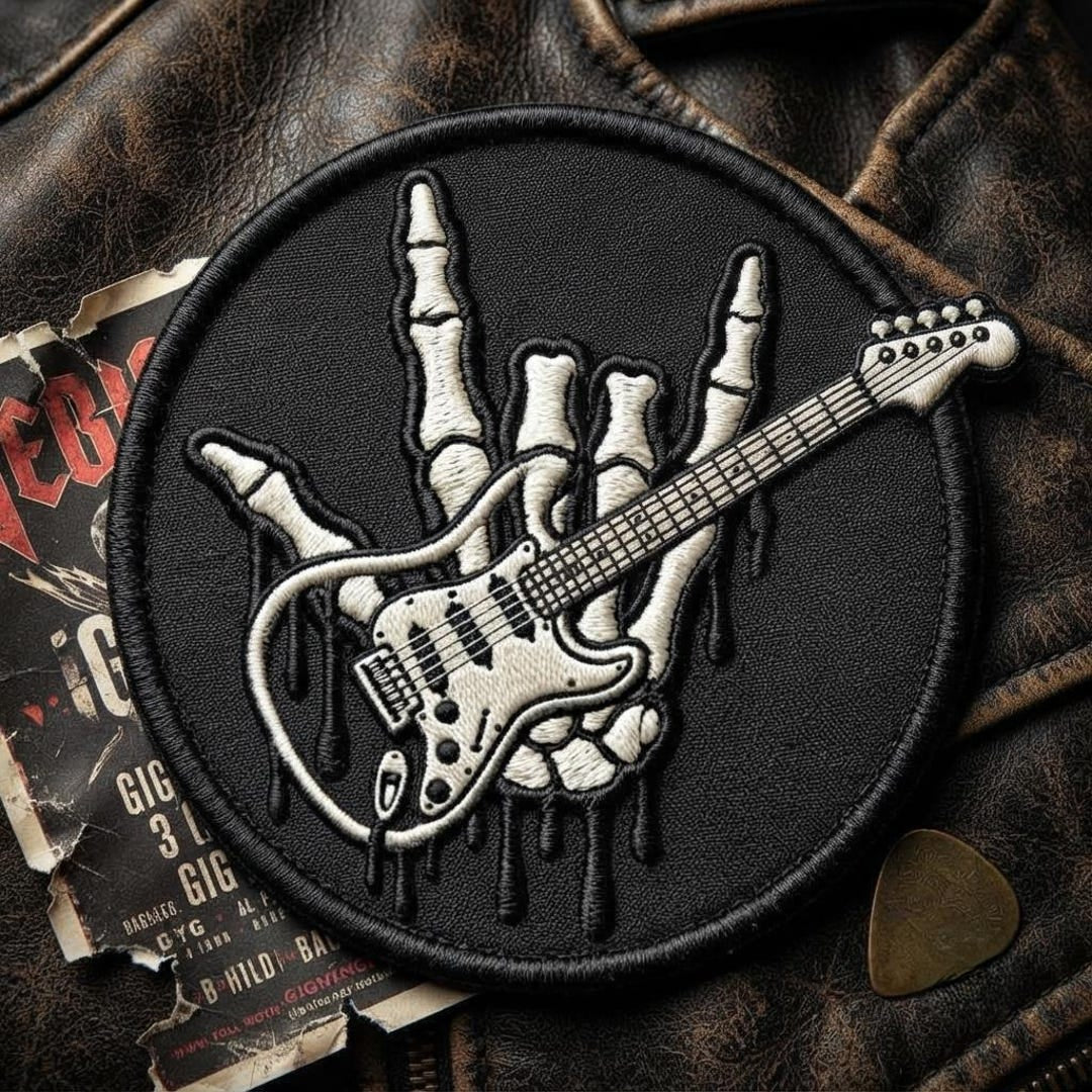 Skeleton Hand Rock On Electric Guitar Iron On Embroidered Patch — Iron-on patch