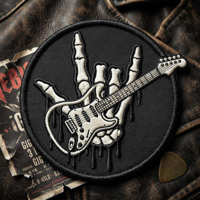 Skeleton Hand Rock On Electric Guitar Iron On Embroidered Patch