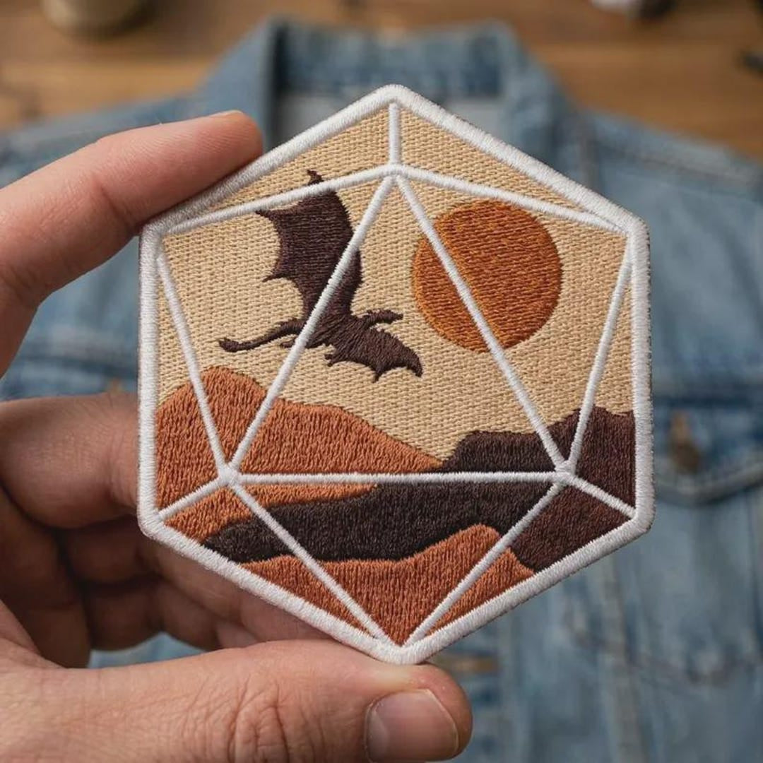 D20 Dice Dragon Silhouette Desert Mountain Sun Fantasy Iron On Embroidered Patch — Iron-on patch
