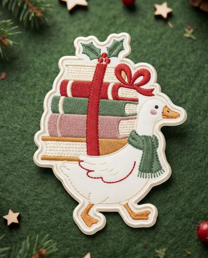Christmas Goose Carrying Books Holly Bow Scarf Iron On Embroidered Patch