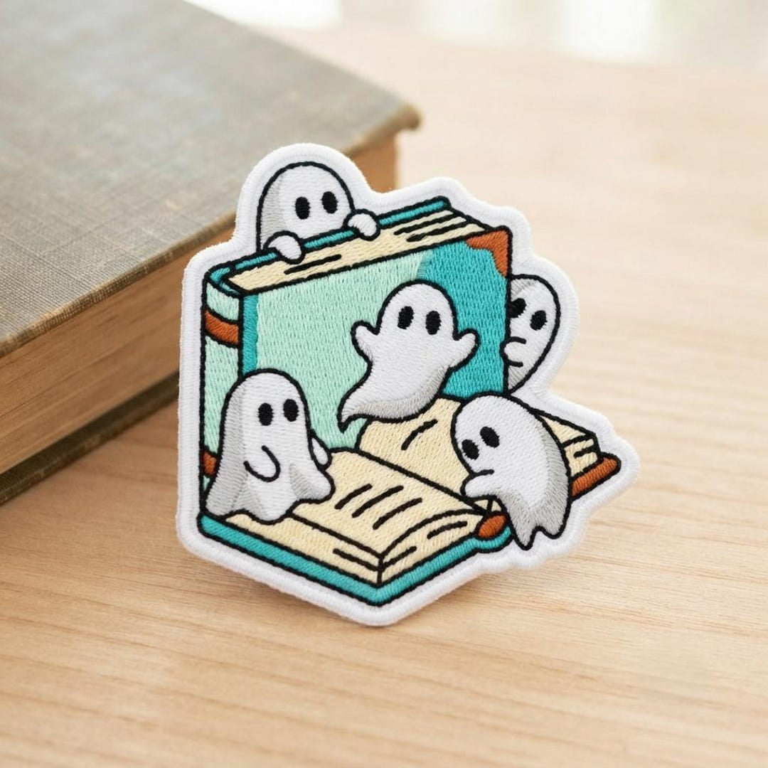 Halloween Cute Ghosts Reading Book Spooky Iron On Embroidered Patch — Iron-on patch