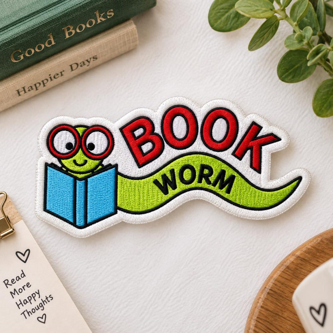 Book Worm Reading Worm With Glasses Cute Book Lover Iron On Embroidered Patch — Iron-on patch