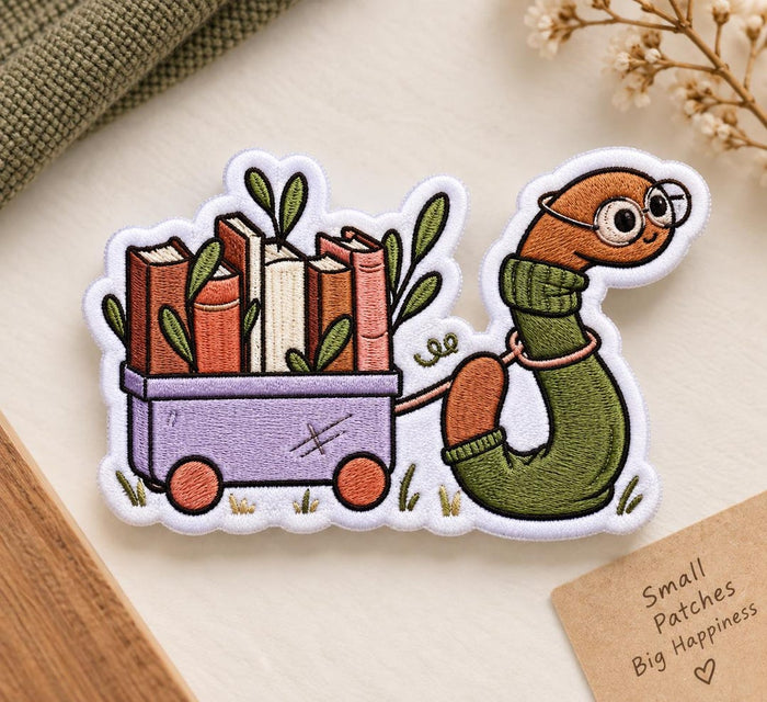 Bookworm Reading Worm Book Cart Library Iron On Embroidered Patch