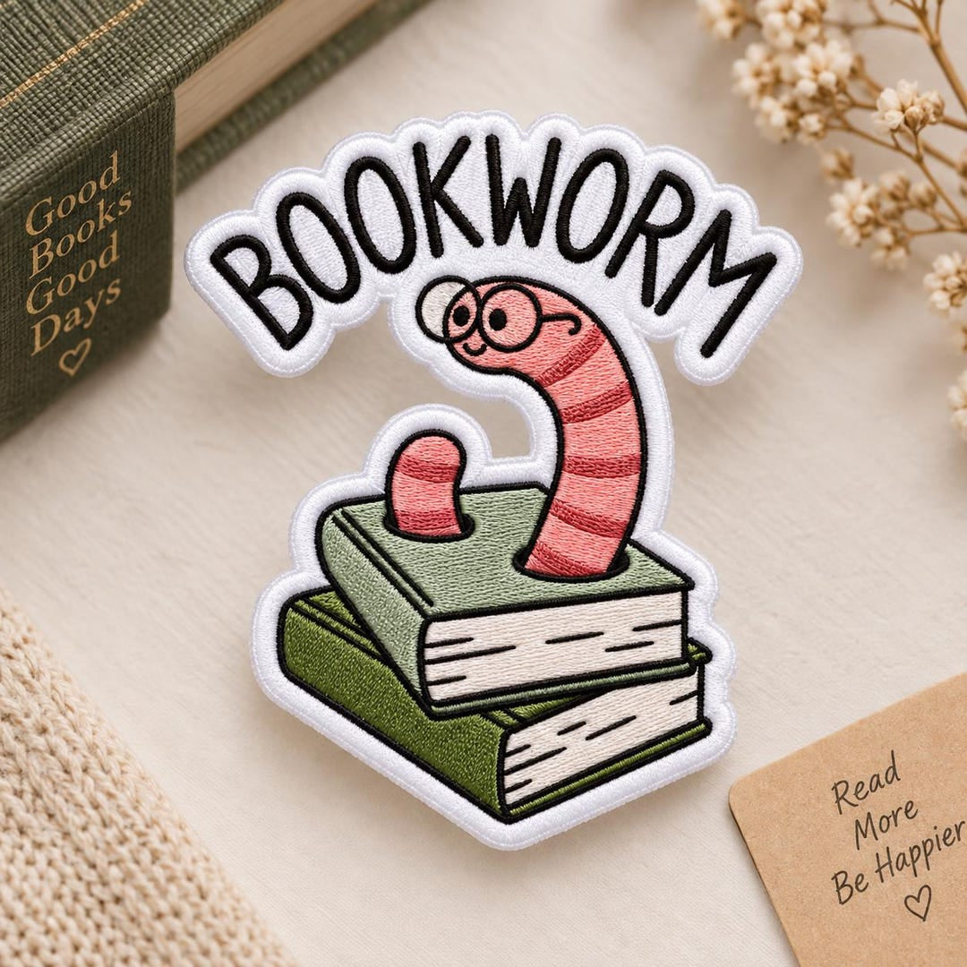 Bookworm Iron On Patch Reading Worm Book Stack Cute Book Lover Iron On Embroidered Patch — Iron-on patch