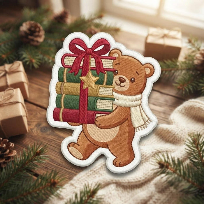 Christmas Teddy Bear Carrying Books Stack Red Bow Scarf Book Lover Iron On Embroidered Patch