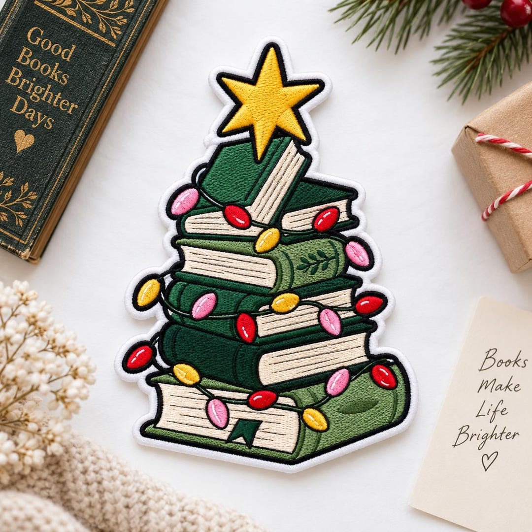 Christmas Book Tree Stack Holiday Lights Star Iron On Embroidered Patch — Iron-on patch
