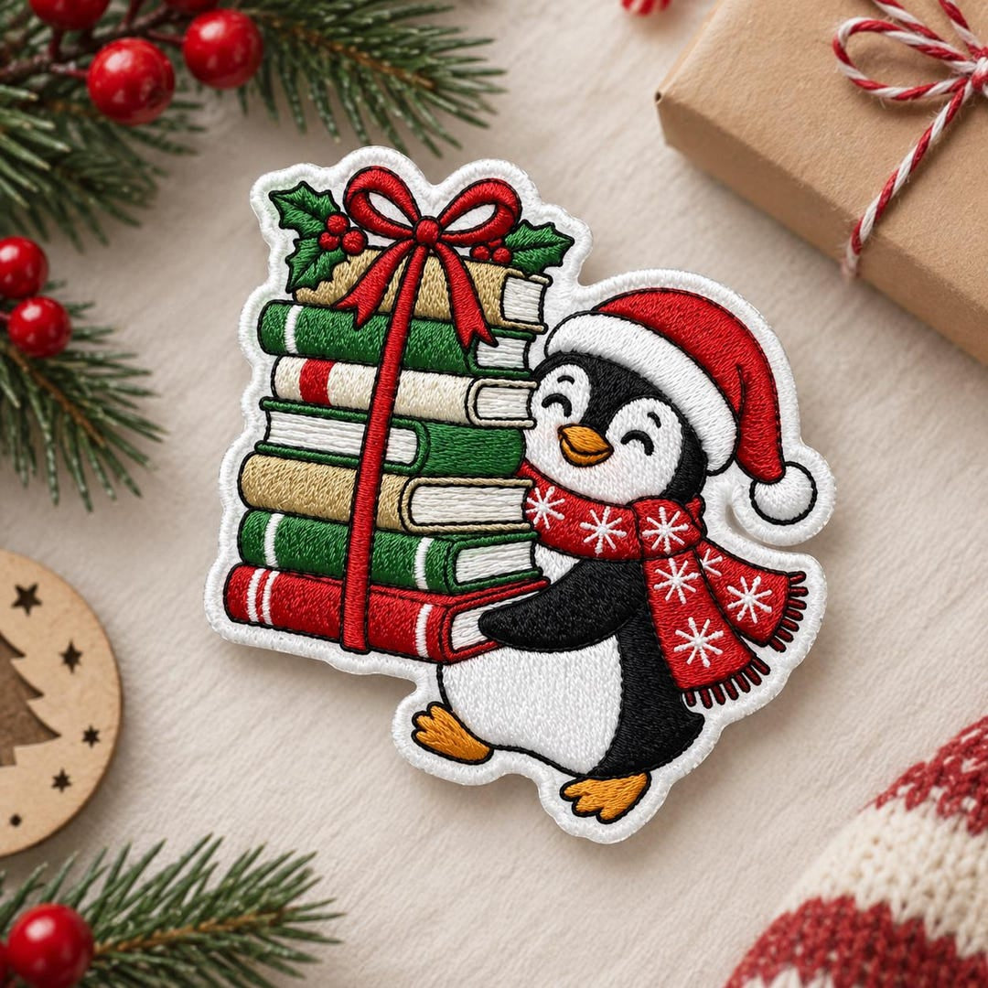Christmas Penguin Santa Hat Scarf Stack Books Holly Bow Iron On Embroidered Patch — Iron-on patch