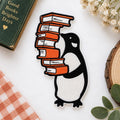 Penguin Carrying Stack of Books Reading Book Lover Iron On Embroidered Patch — Iron-on patch