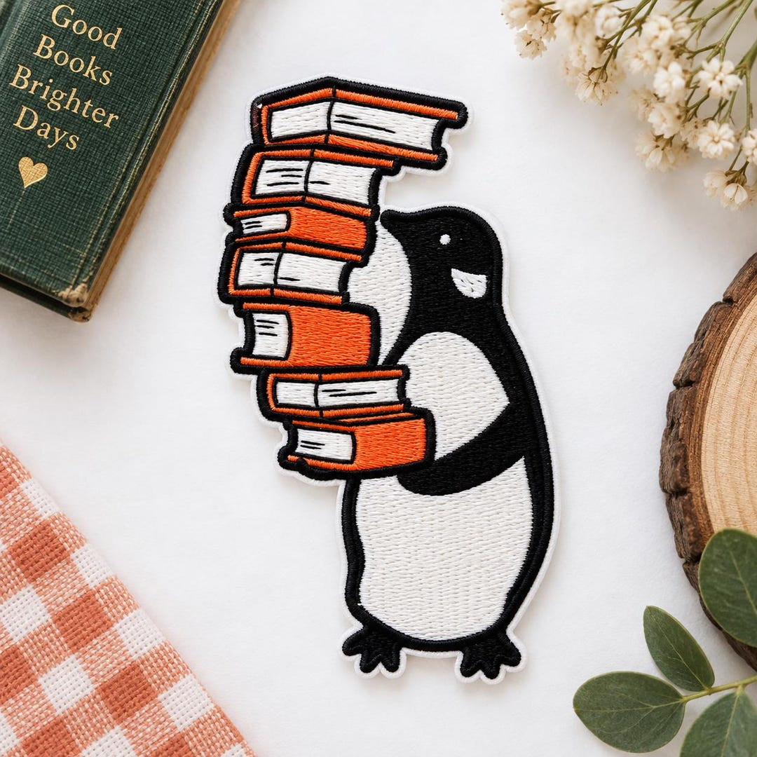 Penguin Carrying Stack of Books Reading Book Lover Iron On Embroidered Patch — Iron-on patch