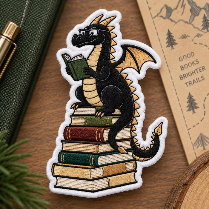 Reading Dragon Sitting on Books Stack Book Lover Iron On Embroidered Patch