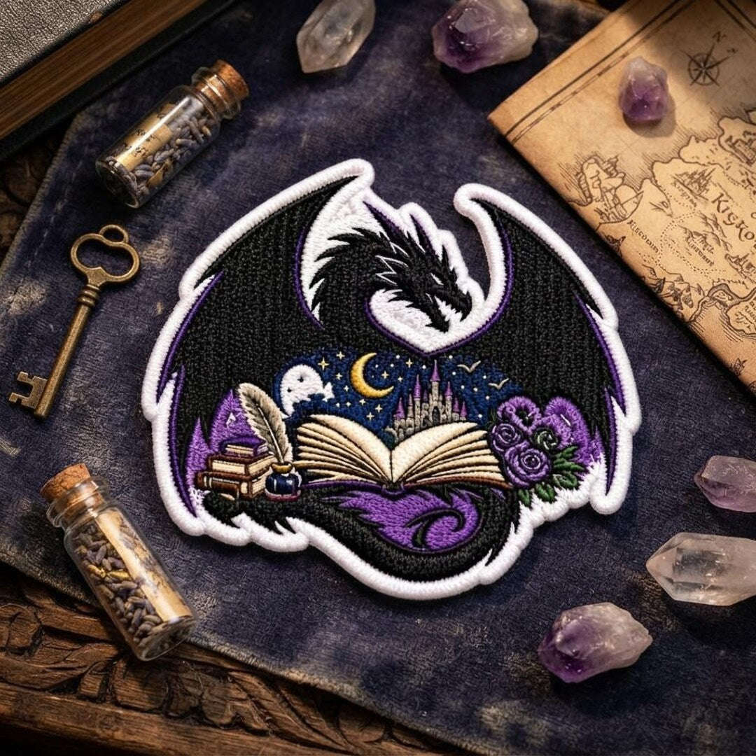 Fantasy Dragon Open Book Castle Moon Roses Bookish Iron On Embroidered Patch — Iron-on patch