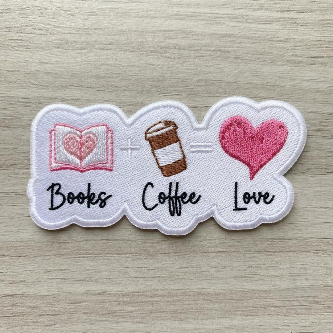 Books Coffee Love Book Lover Heart Iron On Embroidered Patch — Iron-on patch