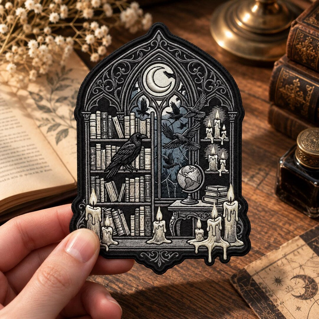 Gothic Library Raven Books Moon Candles Crescent Window Iron On Embroidered Patch — Iron-on patch