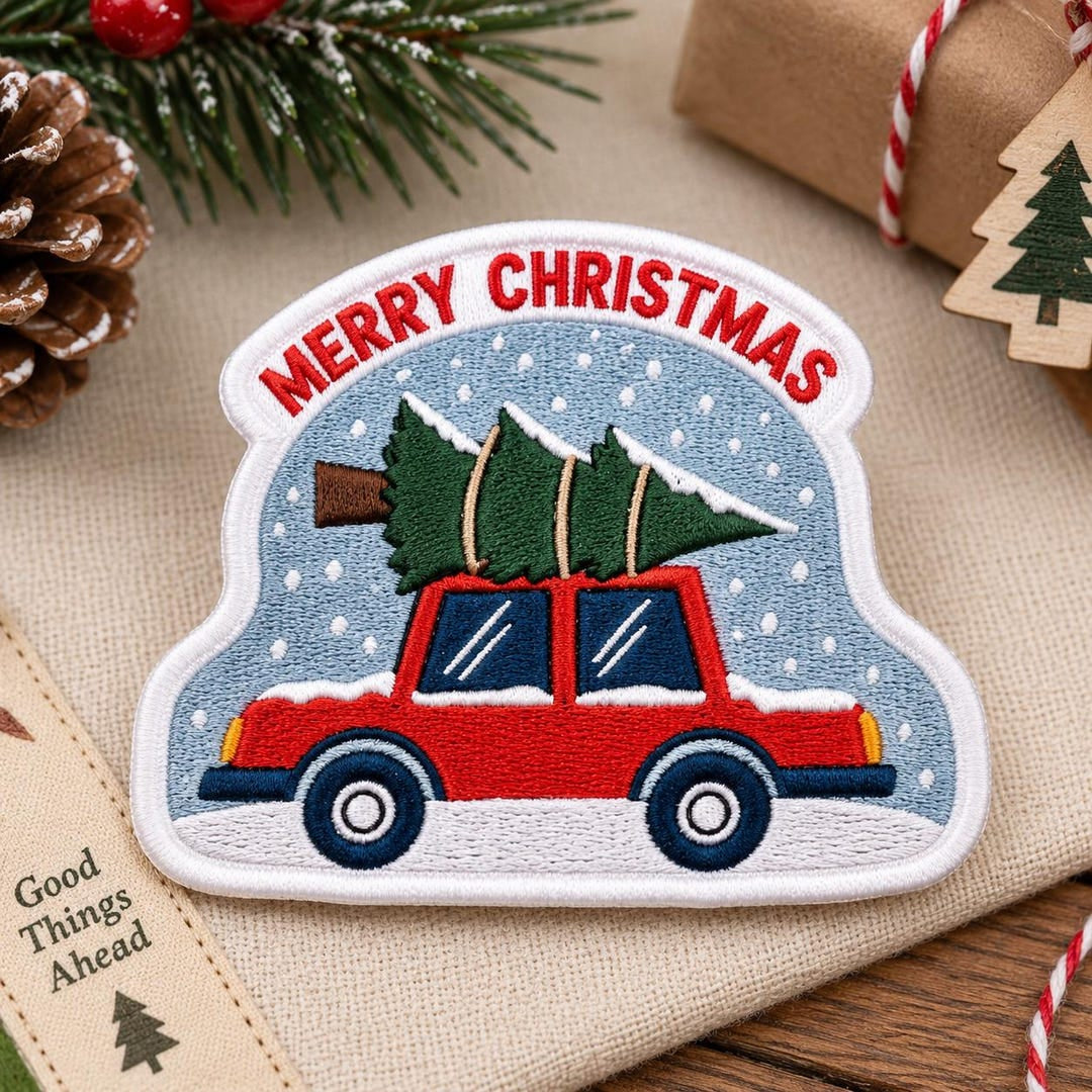 Merry Christmas Car Christmas Tree Snow Scene Iron On Embroidered Patch — Iron-on patch