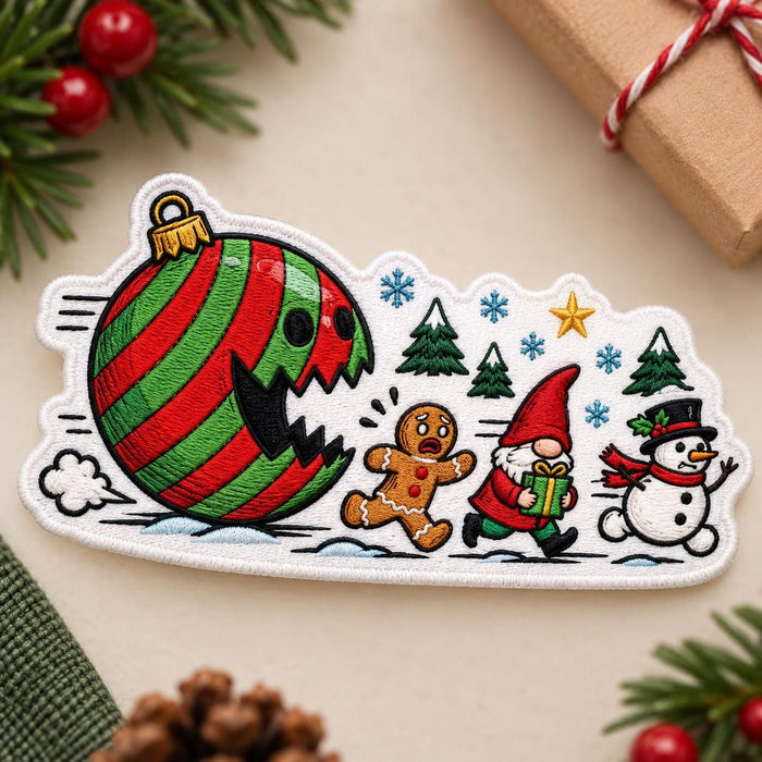 Christmas Ornament Ball Chasing Gingerbread Man Gnome Snowman Iron On Embroidered Patch