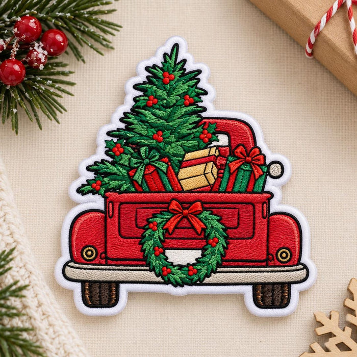 Christmas Red Truck Christmas Tree Wreath Gifts Holiday Iron On Embroidered Patch
