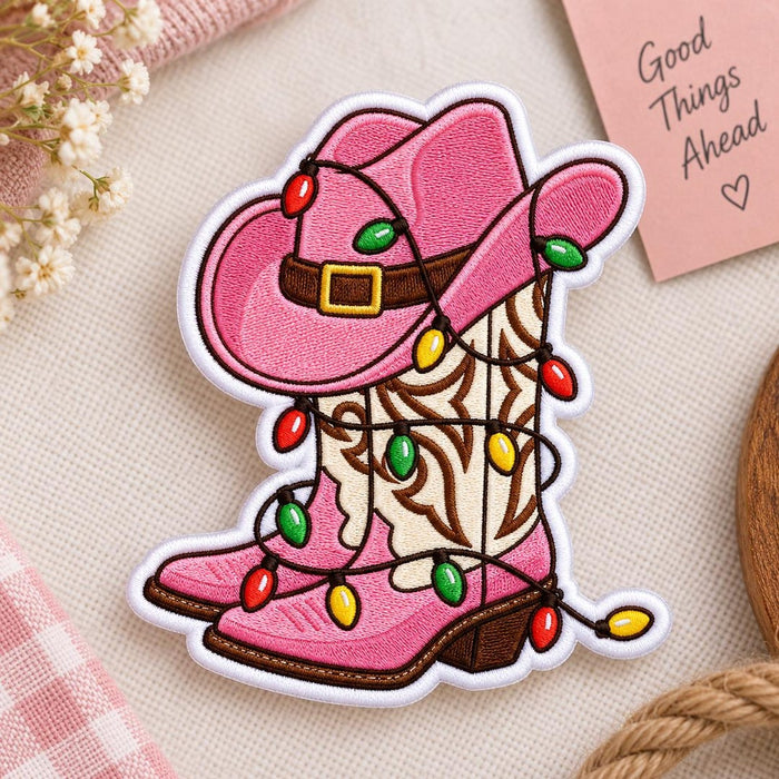 Christmas Cowboy Hat Pink Boots String Lights Western Holiday Iron On Embroidered Patch