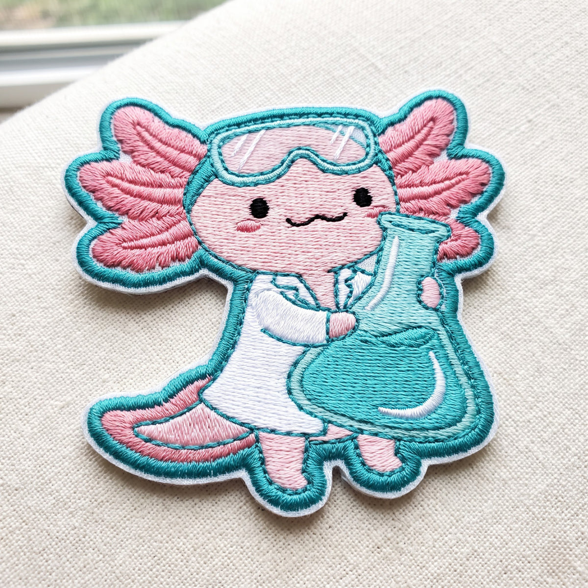 Scientist Axolotl Lab Coat Beaker Chemistry STEM Iron On Embroidered Patch — Iron-on patch