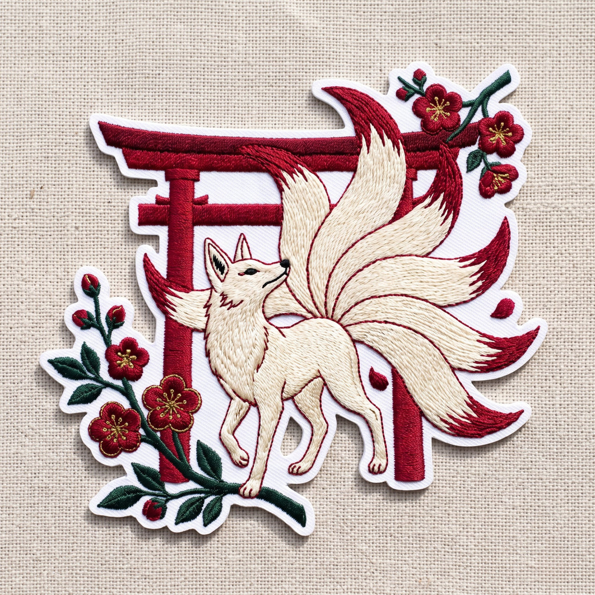Kitsune Nine-Tailed Fox Torii Gate Cherry Blossom Japanese Iron On Embroidered Patch — Iron-on patch