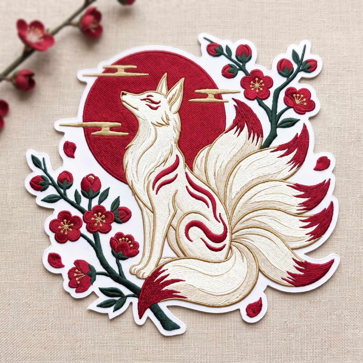 Kitsune Nine Tailed Fox Plum Blossom Japanese Rising Sun Iron On Embroidered Patch — Iron-on patch