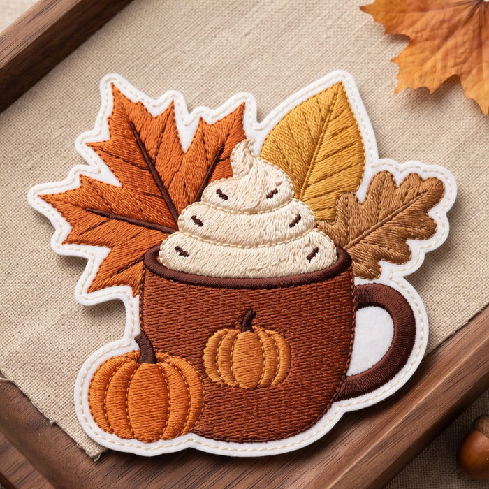Fall Pumpkin Spice Latte Mug Autumn Leaves Whipped Cream Iron On Embroidered Patch