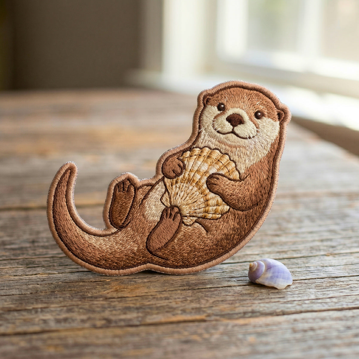 Sea Otter Holding Seashell Iron On Embroidered Patch — Iron-on patch