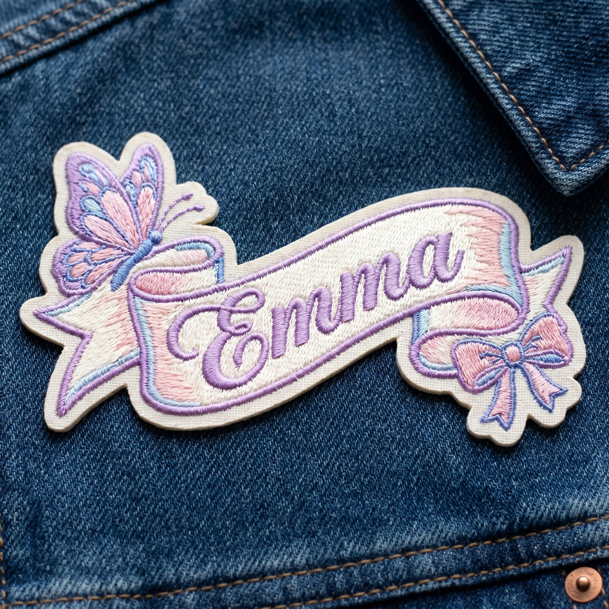 Personalized Name Banner Butterfly Coquette Bow Iron On Embroidered Patch — Iron-on patch