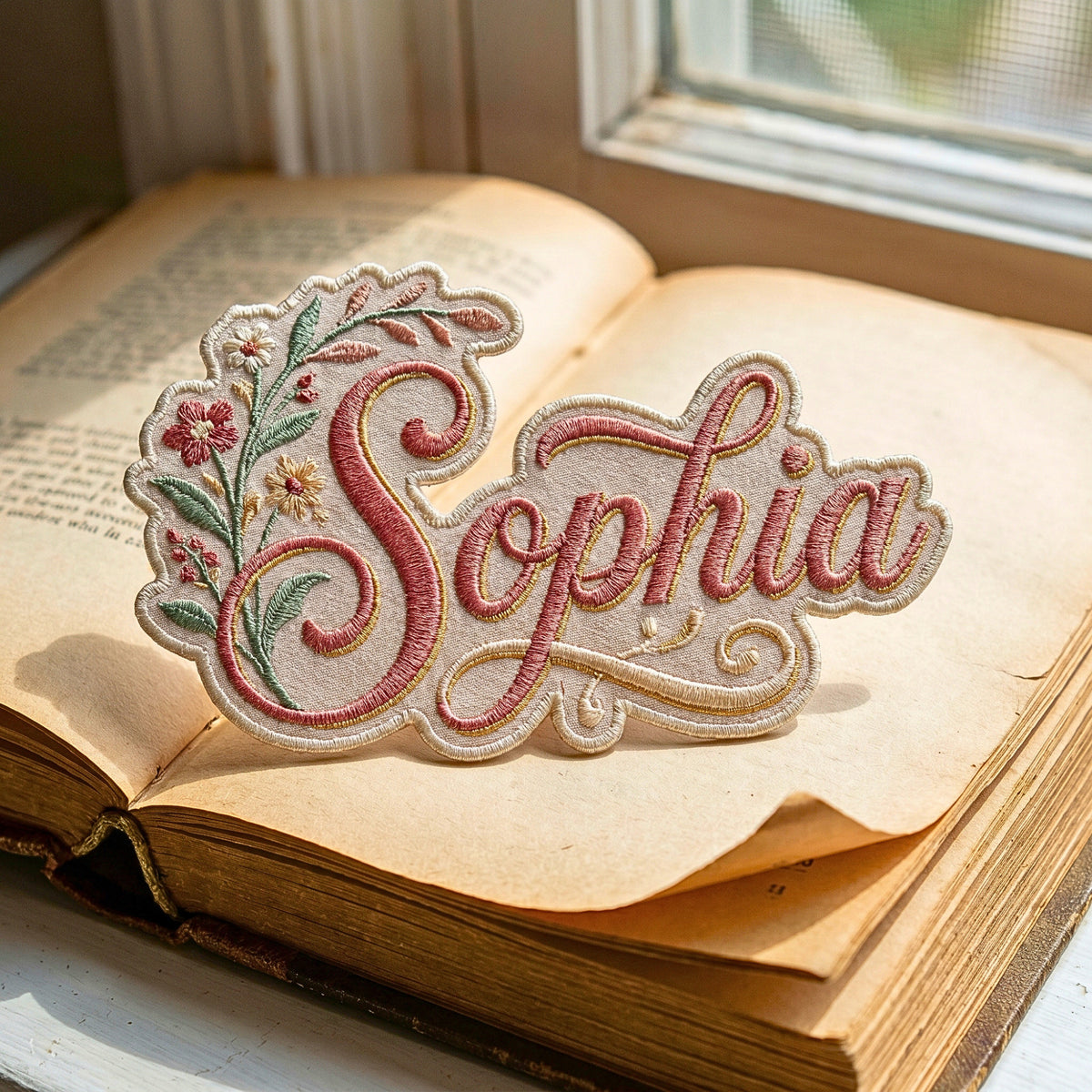 Personalized Name Floral Script Iron On Embroidered Patch — Iron-on patch