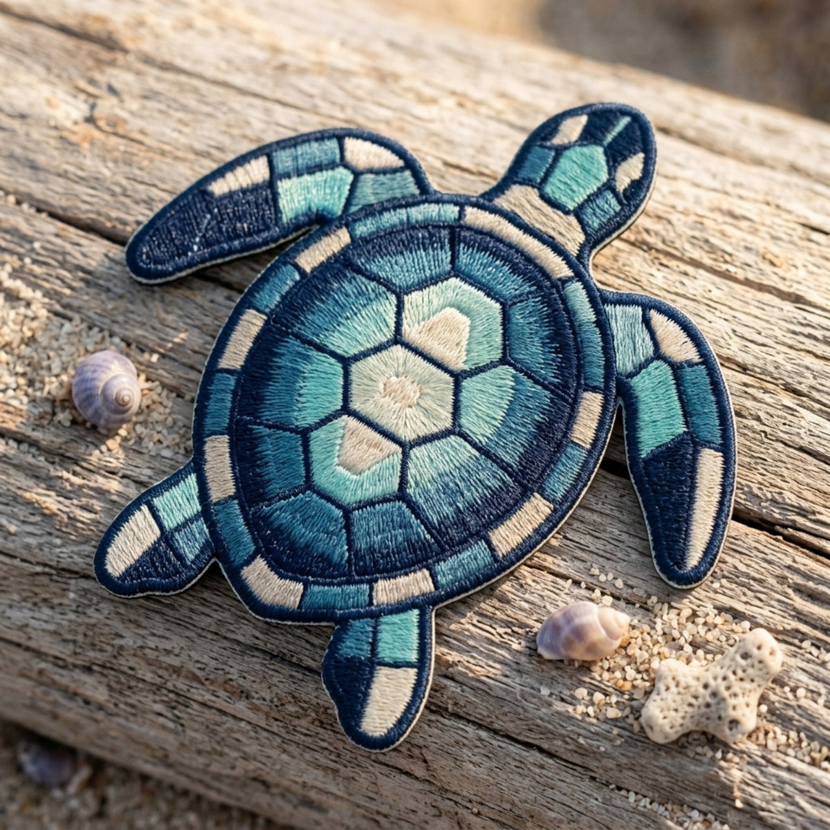 Sea Turtle Mosaic Shell Ocean Beach Iron On Embroidered Patch — Iron-on patch