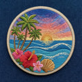 Tropical Beach Sunset Palm Trees Hibiscus Flowers Ocean Waves Seashell Iron On Embroidered Patch — Iron-on patch