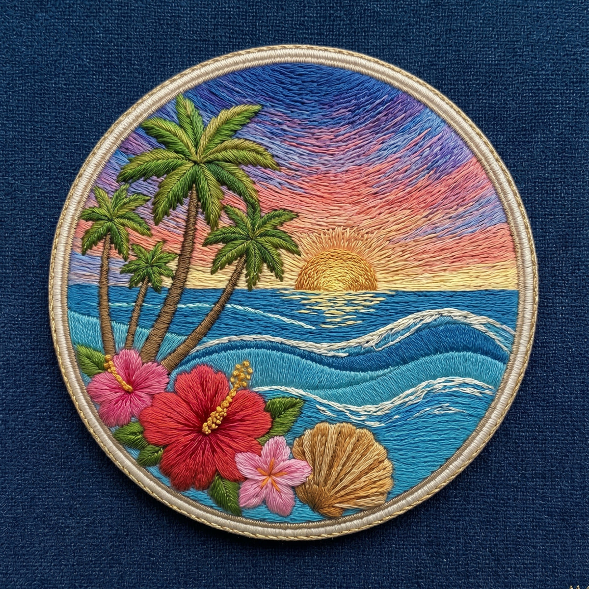 Tropical Beach Sunset Palm Trees Hibiscus Flowers Ocean Waves Seashell Iron On Embroidered Patch — Iron-on patch