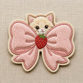 Cute Kitten Pink Coquette Bow Strawberry Iron On Embroidered Patch — Iron-on patch