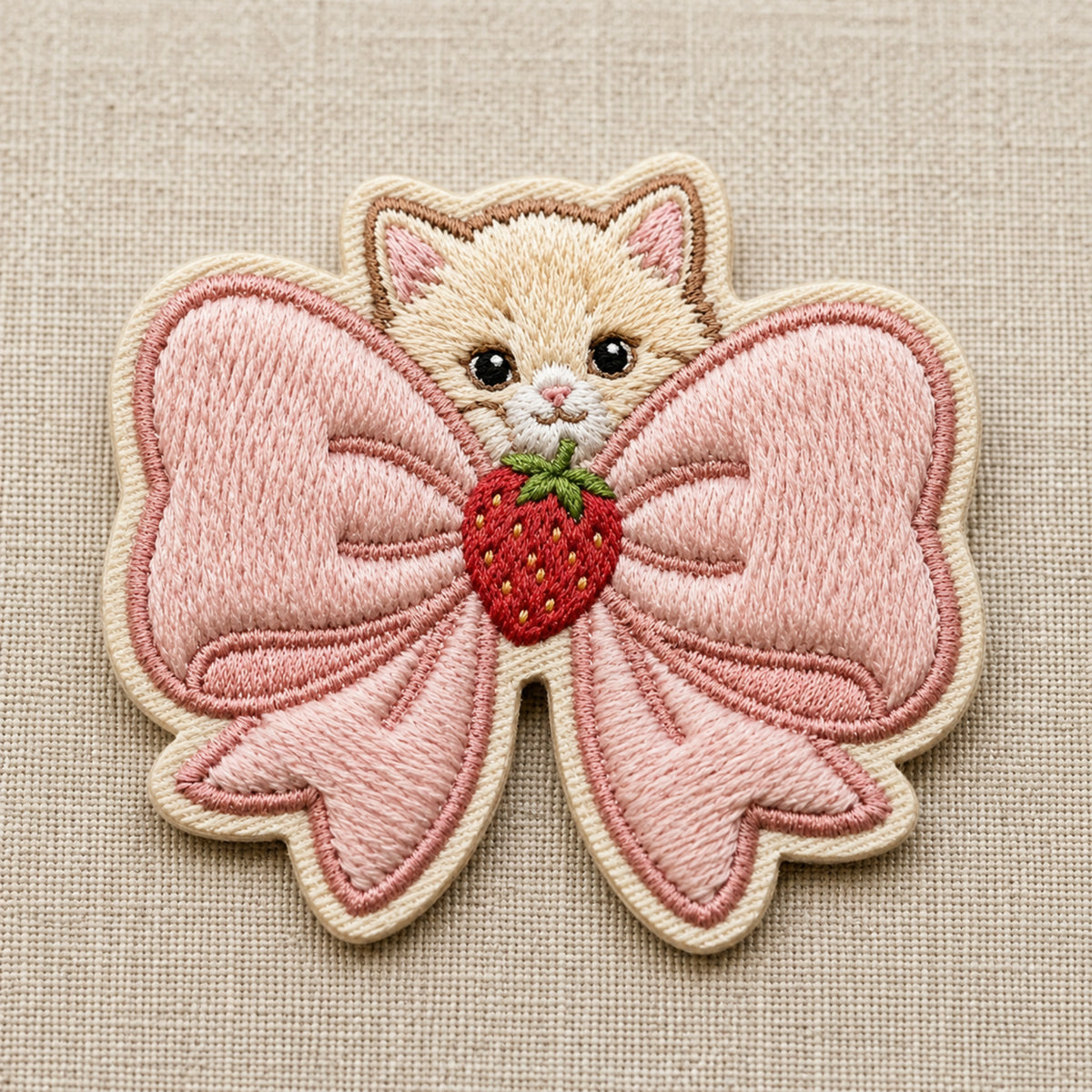 Cute Kitten Pink Coquette Bow Strawberry Iron On Embroidered Patch — Iron-on patch