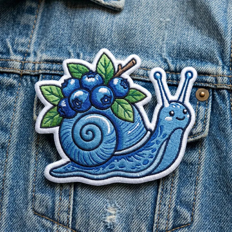 Blueberry Snail Cute Kawaii Garden Iron On Embroidered Patch — Iron-on patch