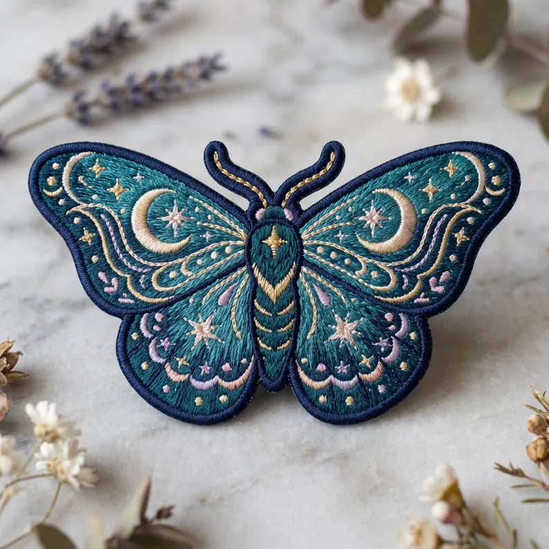 Celestial Butterfly Moon Stars Boho Mystical Iron On Embroidered Patch — Iron-on patch