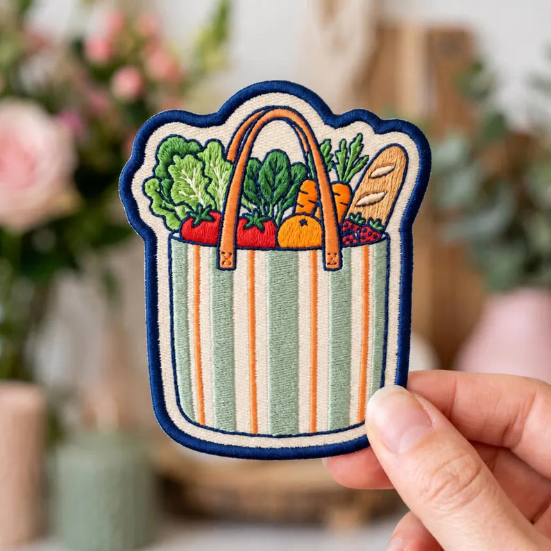 Farmer's Market Grocery Tote Bag Vegetables Bread Iron On Patch embroidered iron on patch — front view