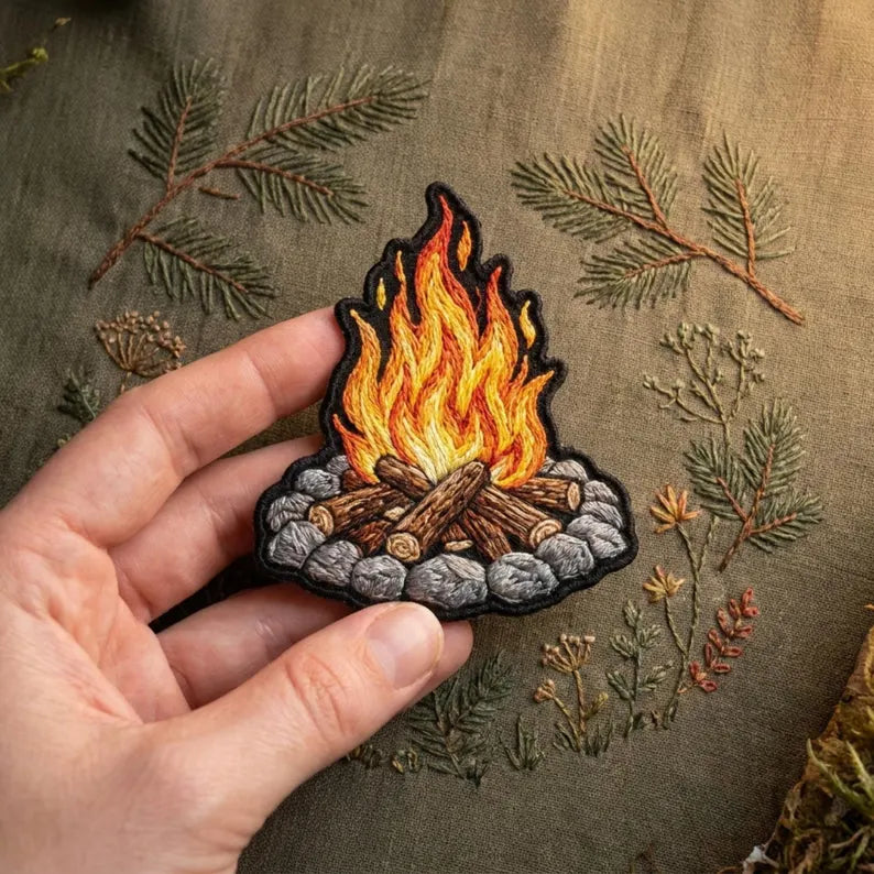 Campfire Stones Logs Flames Outdoor Nature Iron On Embroidered Patch — Iron-on patch