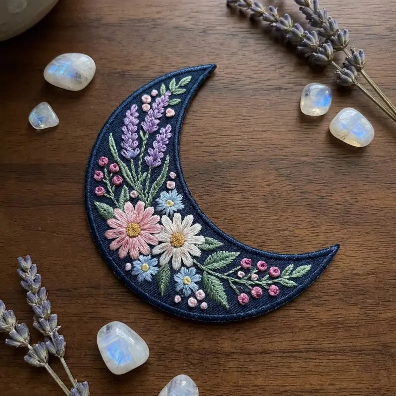 Crescent Moon Wildflower Botanical Floral Garden Iron On Embroidered Patch — Iron-on patch