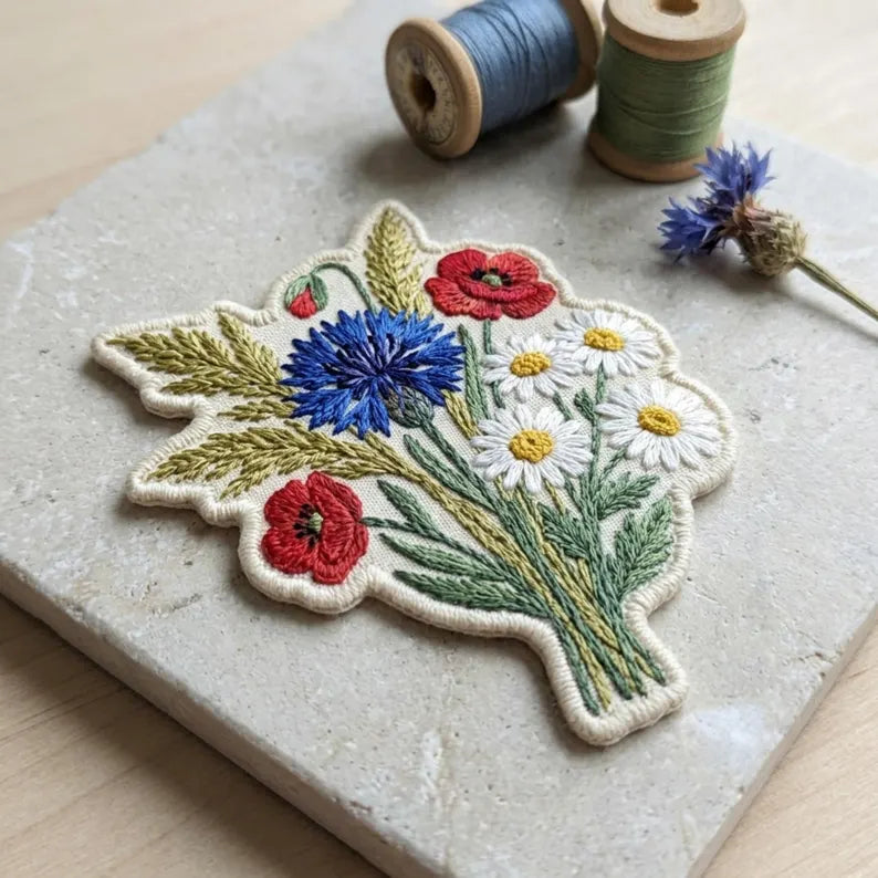 Wildflower Bouquet Poppy Cornflower Daisy Wheat Iron On Embroidered Patch — Iron-on patch