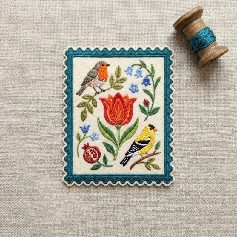 Folk Art Stamp Birds Tulip Pomegranate Botanical Iron On Embroidered Patch — Iron-on patch