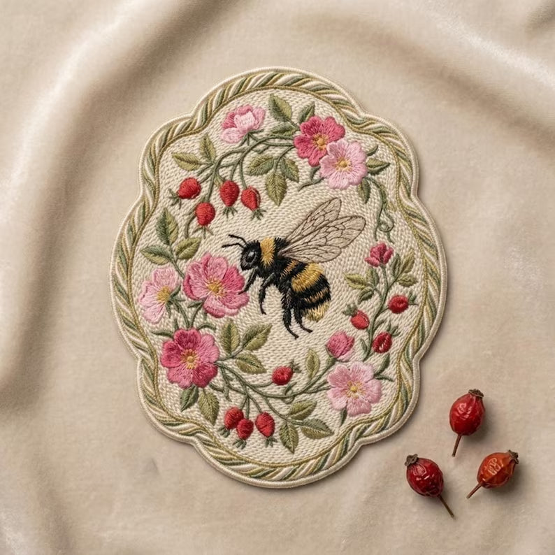Bumblebee Wild Rose Rosehip Botanical Oval Iron On Embroidered Patch — Iron-on patch