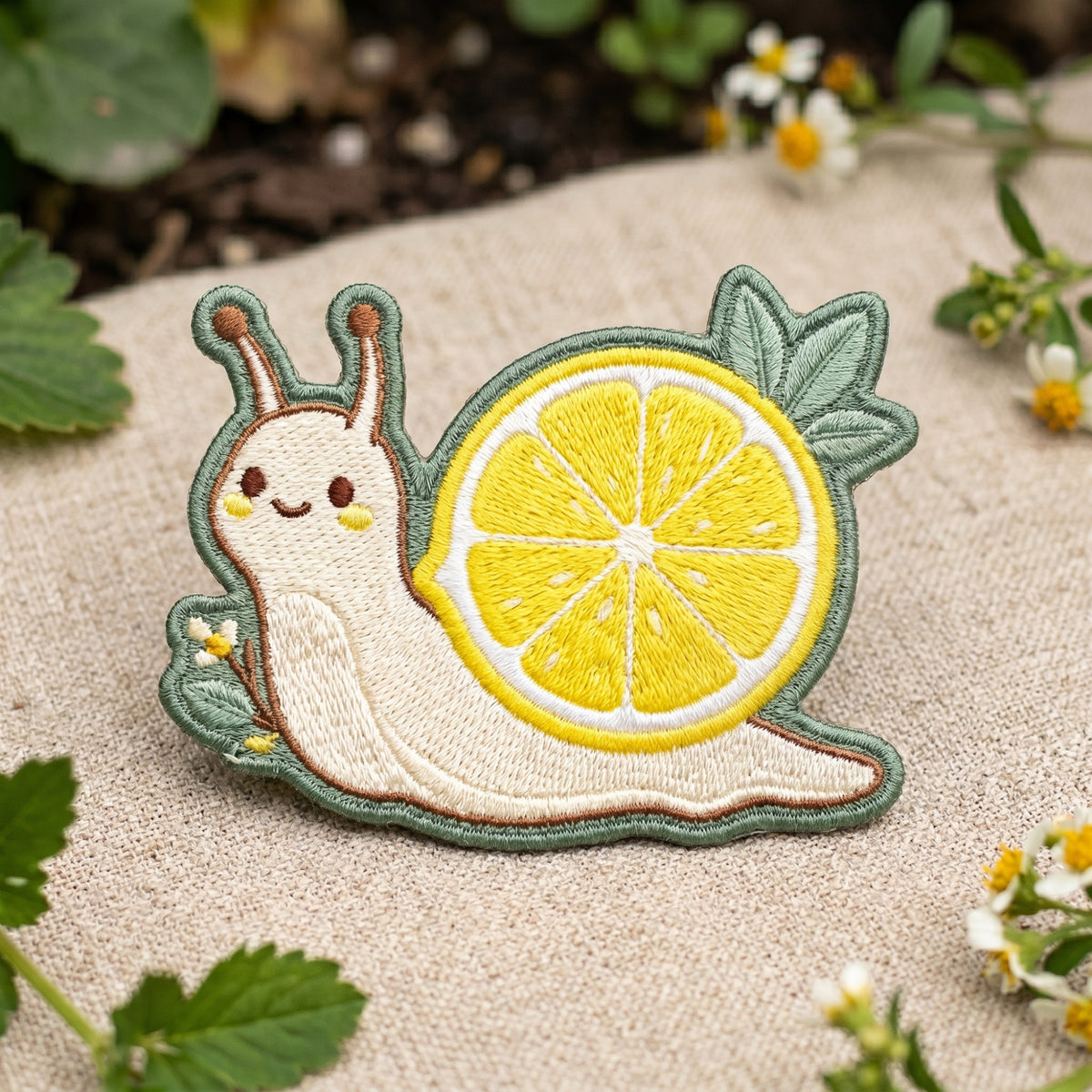 Cute Lemon Snail Garden Cottagecore Iron On Embroidered Patch — Iron-on patch