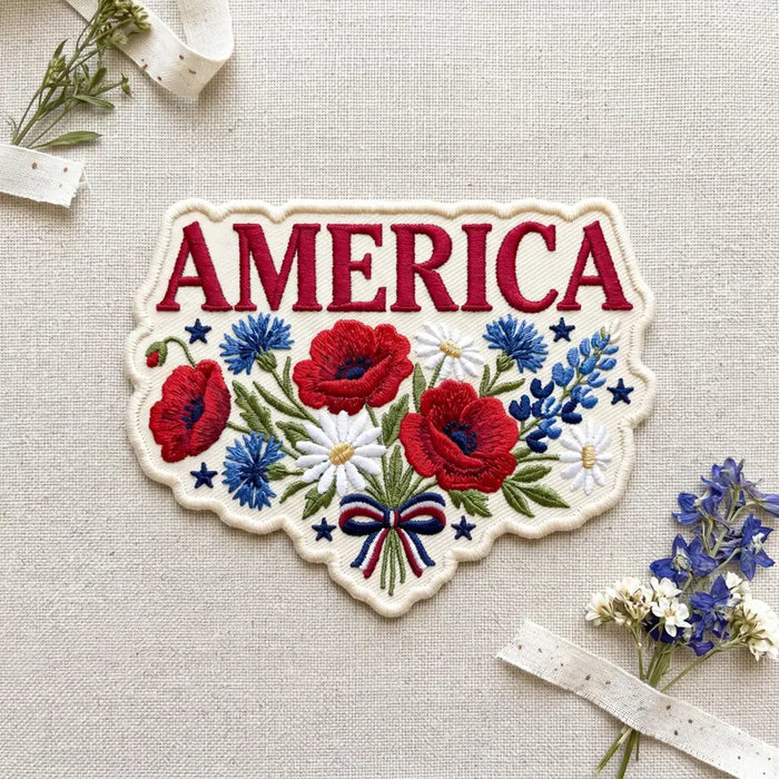 America Wildflower Bouquet Patriotic Poppies Stars Bow Iron On Embroidered Patch