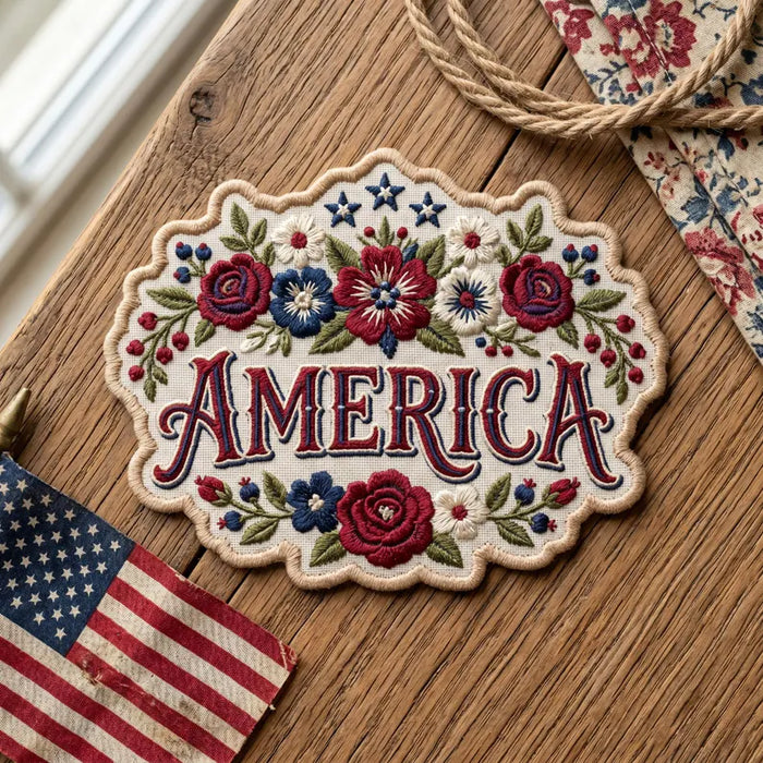 America Floral Roses Stars Patriotic Iron On Embroidered Patch